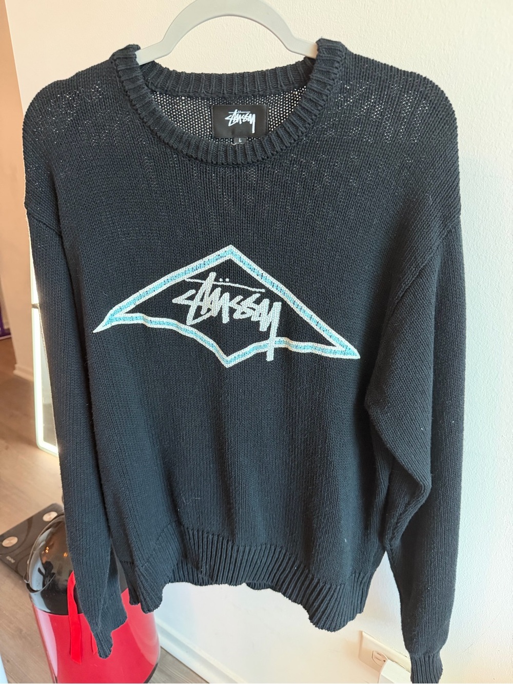 Stussy Black Knit Pullover with White Script Logo